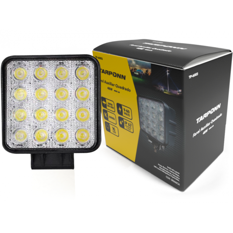 Farol auxiliar 16 Leds quadrado 48W 3500LM