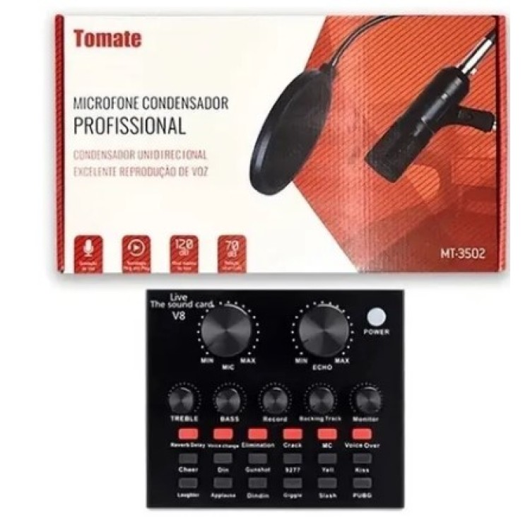 Microfone Condensador Tomate Mt-3502 COM PLACA DE SOM E BRAÇO ARTICULADO