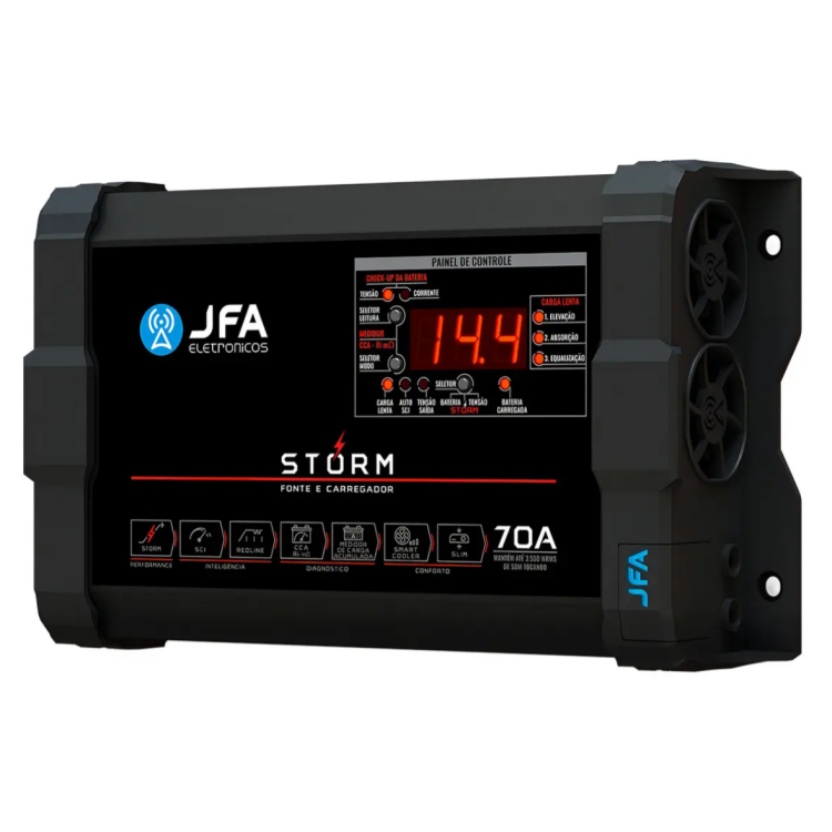 Fonte Jfa Storm 70A Bivolt C Voltímetro e Amperímetro para Baterias Fonte Jfa Storm 70A Bivolt C Voltímetro e Amperímetro para Baterias