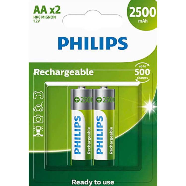 Pilha Philips Recarregável AA 2500mah C/ 2 Unidades R6B2RTU25/59