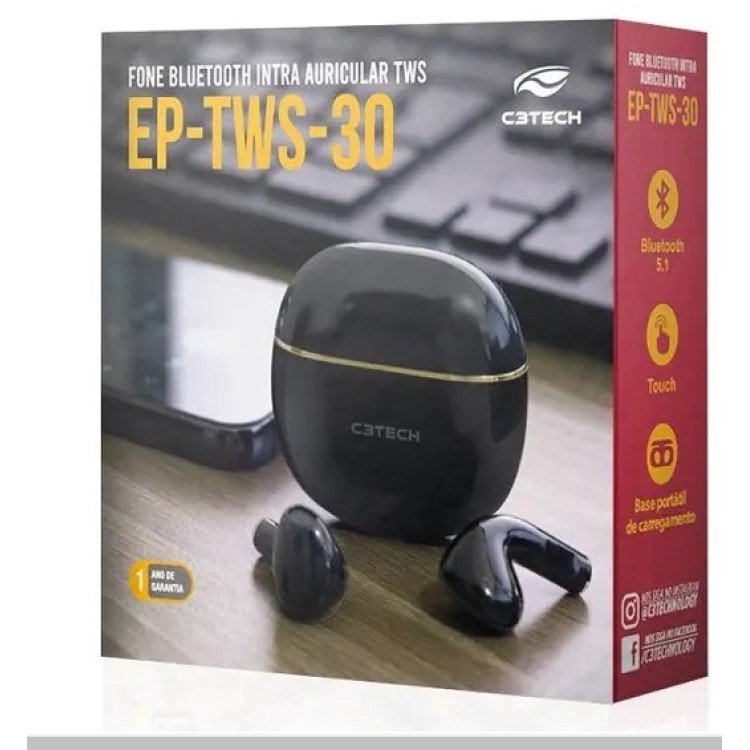Fone de Ouvido Bluetooth EP-TWS-30BK BT 5.1 TWS C3 TECH - C3TECH
