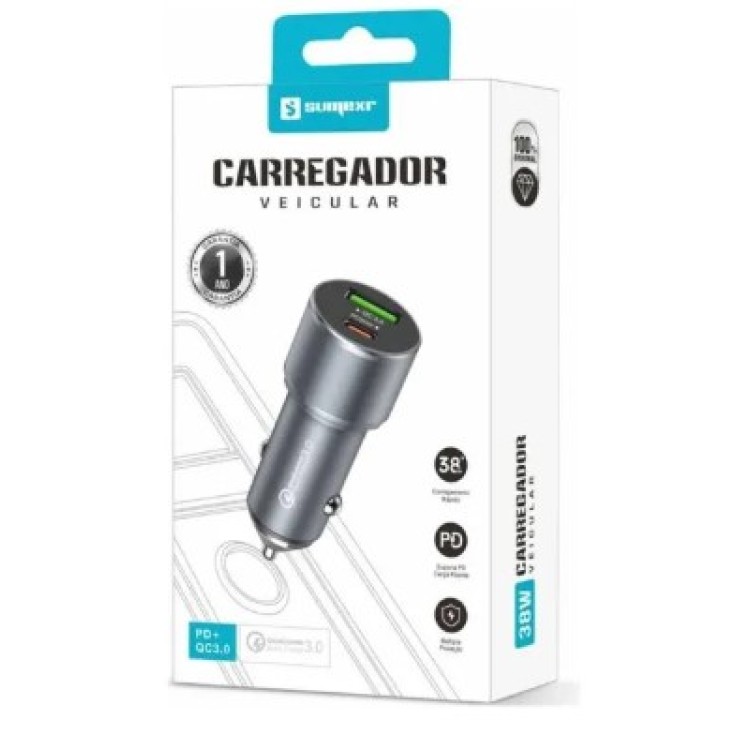 Carregador Veicular 38W PD com USB + USB-C Sumexr SX-C19-38W – 1468 Carregador Veicular 38W PD com USB + USB-C Sumexr SX-C19-38W – 1468