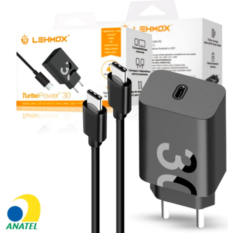 Carregador De Celular Turbo 30W Type-c Pd Com Cabo 1 Metro Lehmox - LE-490 PD