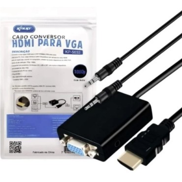 Cabo Conversor HDMI para VGA com Áudio P2 Knup KP-5032 Adaptador Vídeo e Som