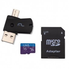 KIT 4 EM 1 CARTÃO DE MEMÓRIA ULTRA HIGH SPEED-I + ADAPTADOR USB DUAL DRIVE + ADAPTADOR SD 16GB ATÉ 80 MB/S DE VELOCIDADE MULTILASER