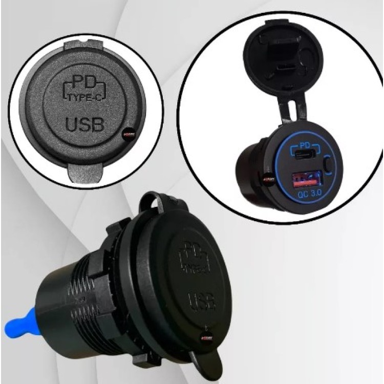 ASX - Tomada Carregador Veicular Carro Dupla 3.0 USB-C / USB - 12v 24v BIVOLT Carga Rápida ASX - Tomada Carregador Veicular Carro Dupla 3.0 USB-C / USB - 12v 24v BIVOLT Carga Rápida