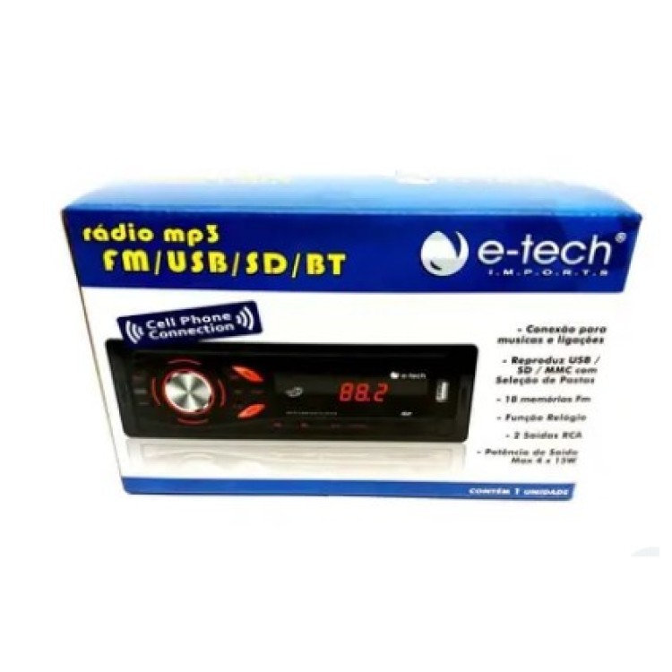 Radio Automotivo Mp3 Fm Usb Sd Bt Com Bluetooth E-Tech Light
