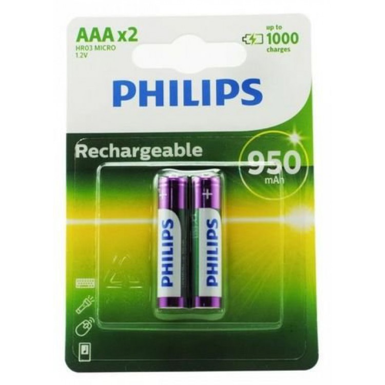 Pilhas Philips Recarregáveis 1.2V 950mAh HR03 AAA x2 1.2V 950mAh HR03 HR03 Micro