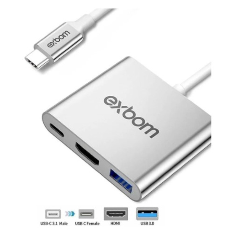Adaptador 3 Em 1 Conversor Usb Tipo-c P/ Hdmi + Usb + Usb-c Exbom