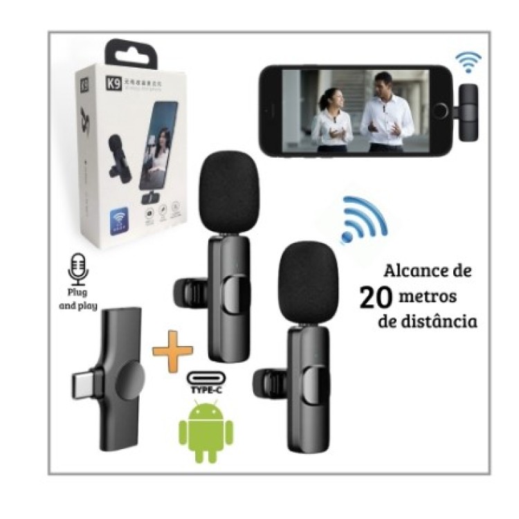 Microfone de lapela sem fio recarregável 1 par tipo – c k9 – 2 – typec