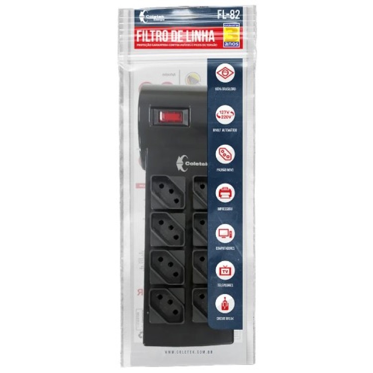 Filtro De Linha Coletek Fl-82bk, 8 Tomadas, 10Ah, Bivolt, Preto