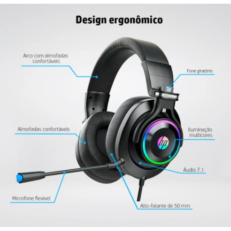 Headset Gamer Headset 7.1 Hp H500gs Led Rgb Usb Preto