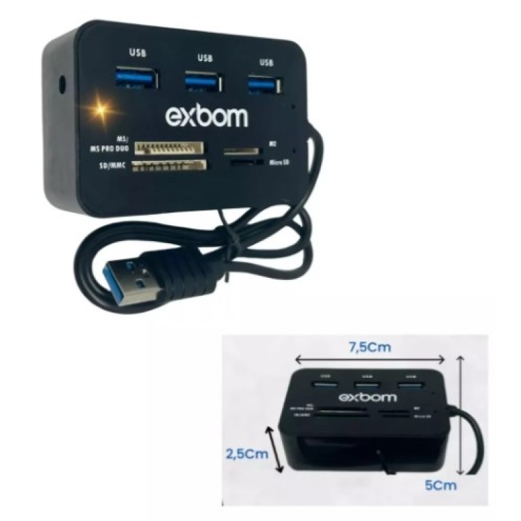 Hub 7 em 1 Usb 2.0 3 Portas e Leitor de Cartão - EXBOM - UH-R230