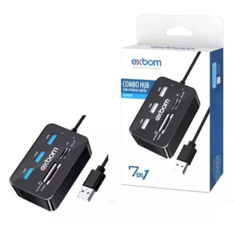Hub 7 em 1 Usb 2.0 3 Portas e Leitor de Cartão - EXBOM - UH-R230