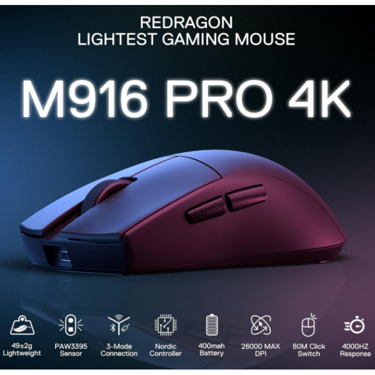 Mouse Gamer Redragon King Pro 4k Preto PAW3395 4000Hz M916-PRO-4K
