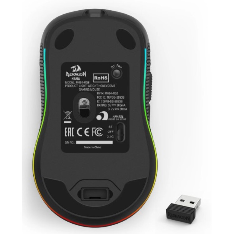 Mouse Gamer Redragon Hana RGB – 7200 DPI, Ultraleve com Carcaça Perfurada, Wireless e USB-C, Preto