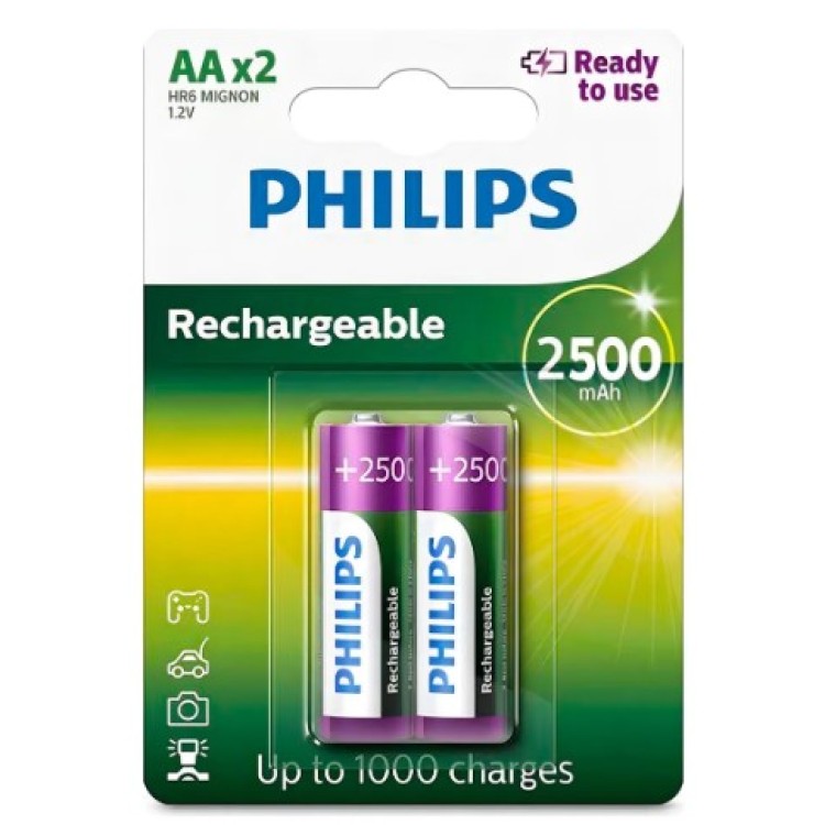 Pilha Philips Recarregável Aa 1,2v 2500mah Kit Com 2 Pilhas