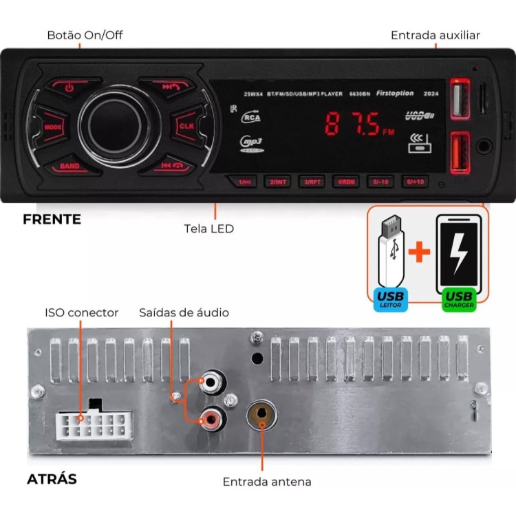 Rádio Automotivo Mp3 First Option 6660BN 2024