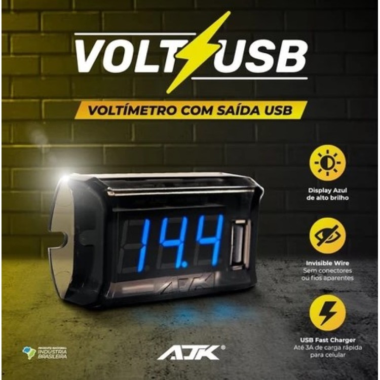 Voltímetro AJK Black Digital Com Saida Usb Medidor Bateria Voltímetro AJK Black Digital Com Saida Usb Medidor Bateria
